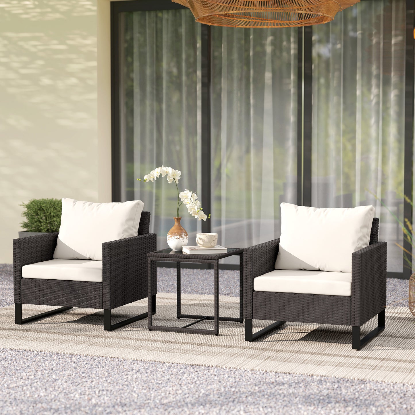 Verona 3 Piece Rattan Bistro Set with 4 Cushions, Wicker Garden Furniture Set