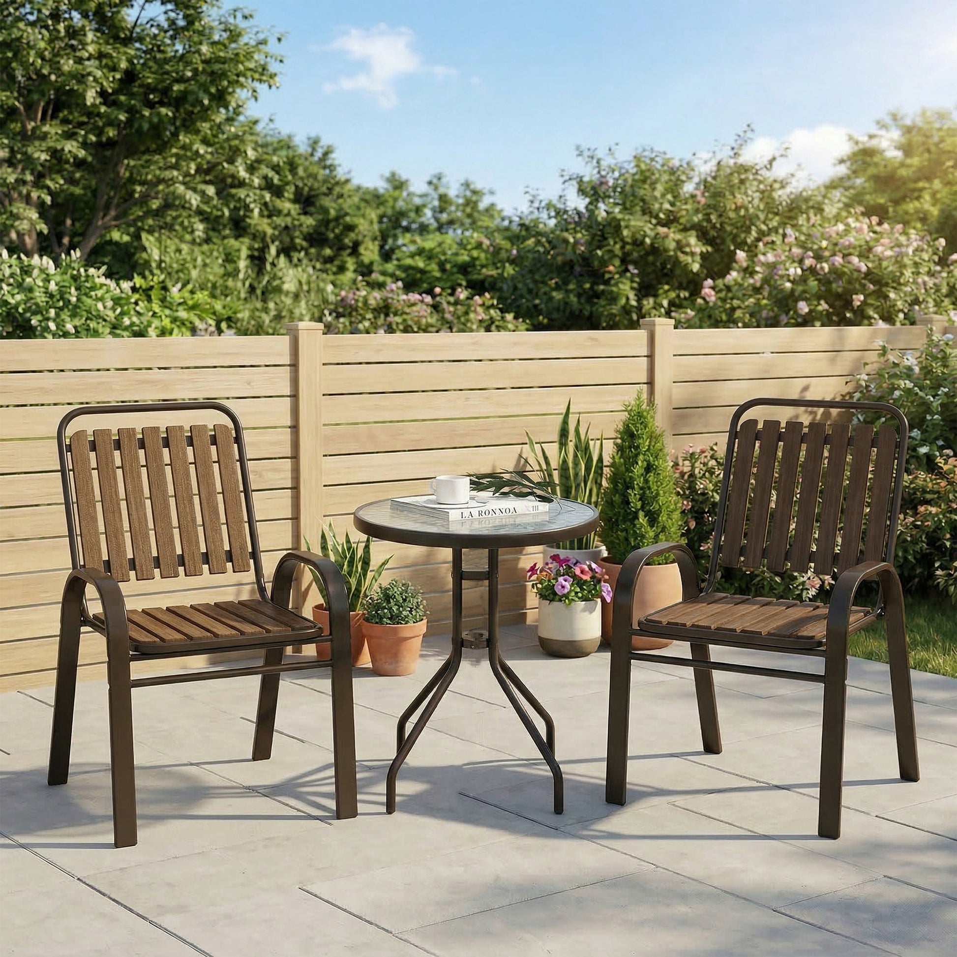Riviera 3 Piece Patio Bistro Set with Stackable Chairs, Tempered Glass Table, Balcony, Patio, Garden, Dark Brown