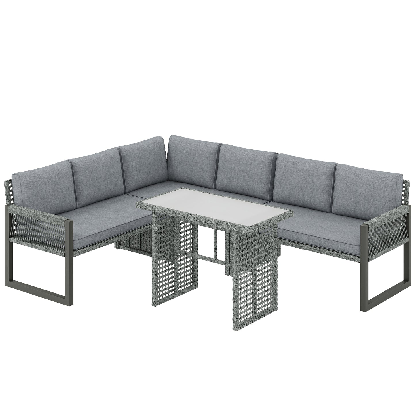 Outsunny 6 Seater Rattan Garden Furniture Set with 3 Loveseats, Table, Patio Rattan Corner Sofa Set, Grey