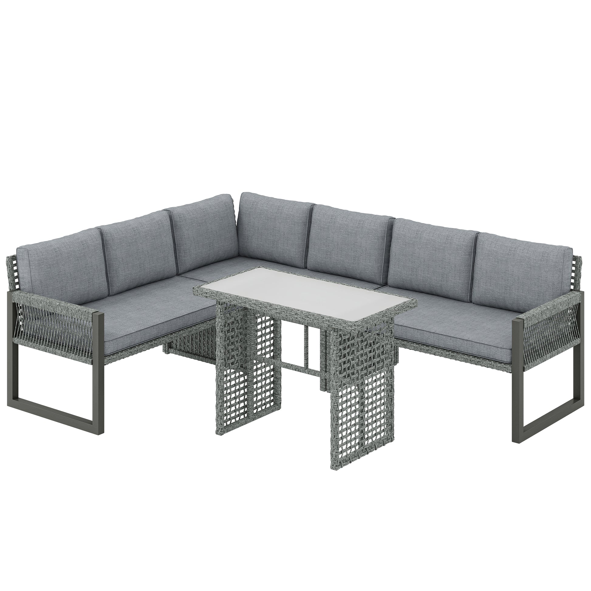 Outsunny 6 Seater Rattan Garden Furniture Set with 3 Loveseats, Table, Patio Rattan Corner Sofa Set, Grey