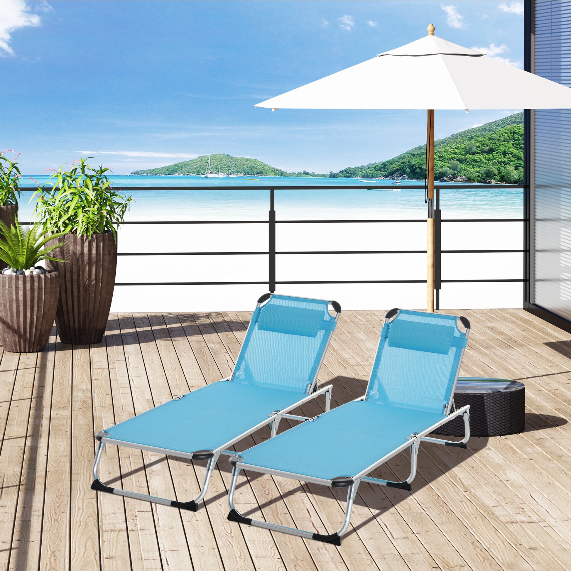 Foldable Outdoor Sun Loungers Set of 2, Reclining Lounge Chair Camping Bed Cot with Pillow 4-Level Adjustable Back Aluminium Frame, Blue