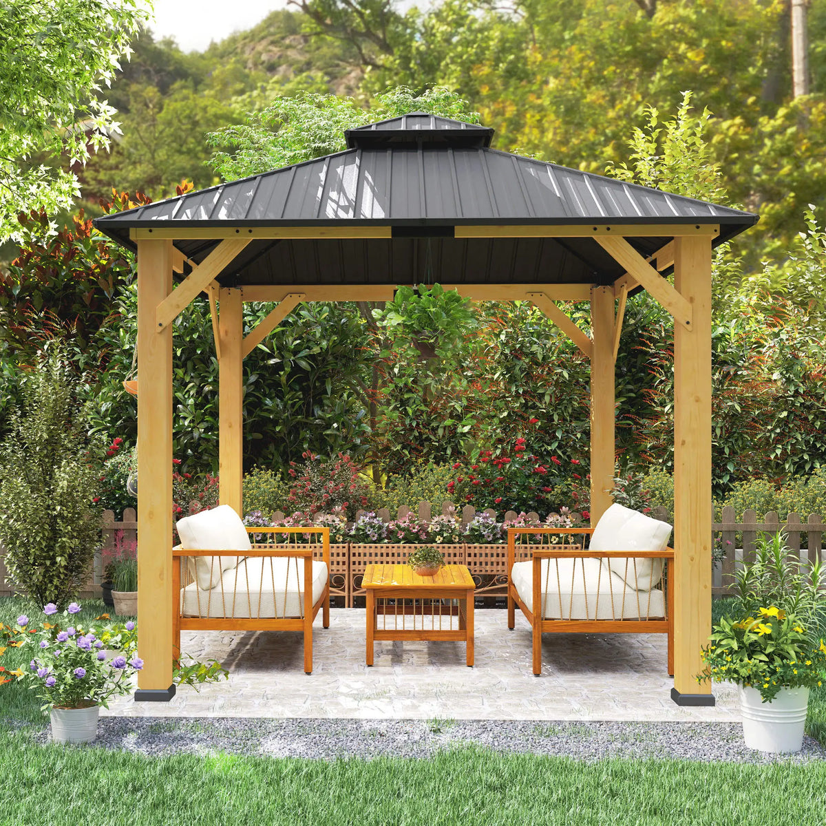 3m x 3m Wooden Frame Hardtop Gazebo with 2 – Tier Galvanised Steel Roof, Aluminium Posts & Grey Outdoor Patio Canopy Shelter