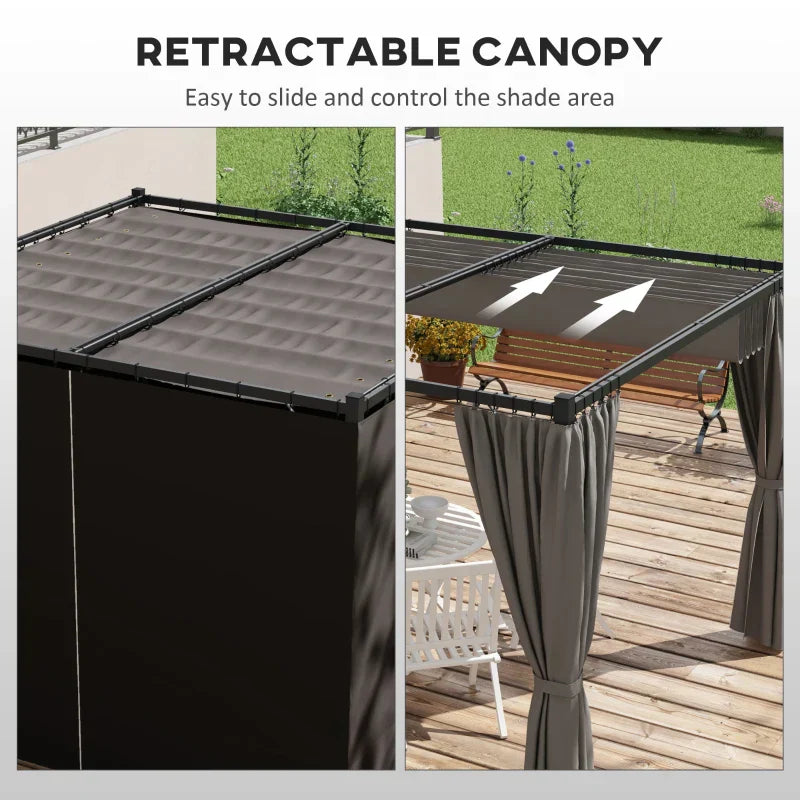 Light Grey 3m x 3m Retractable Roof Pergola Canopy – Outdoor Patio Shelter with Curtains, Metal Frame & Secure Fixing Kit