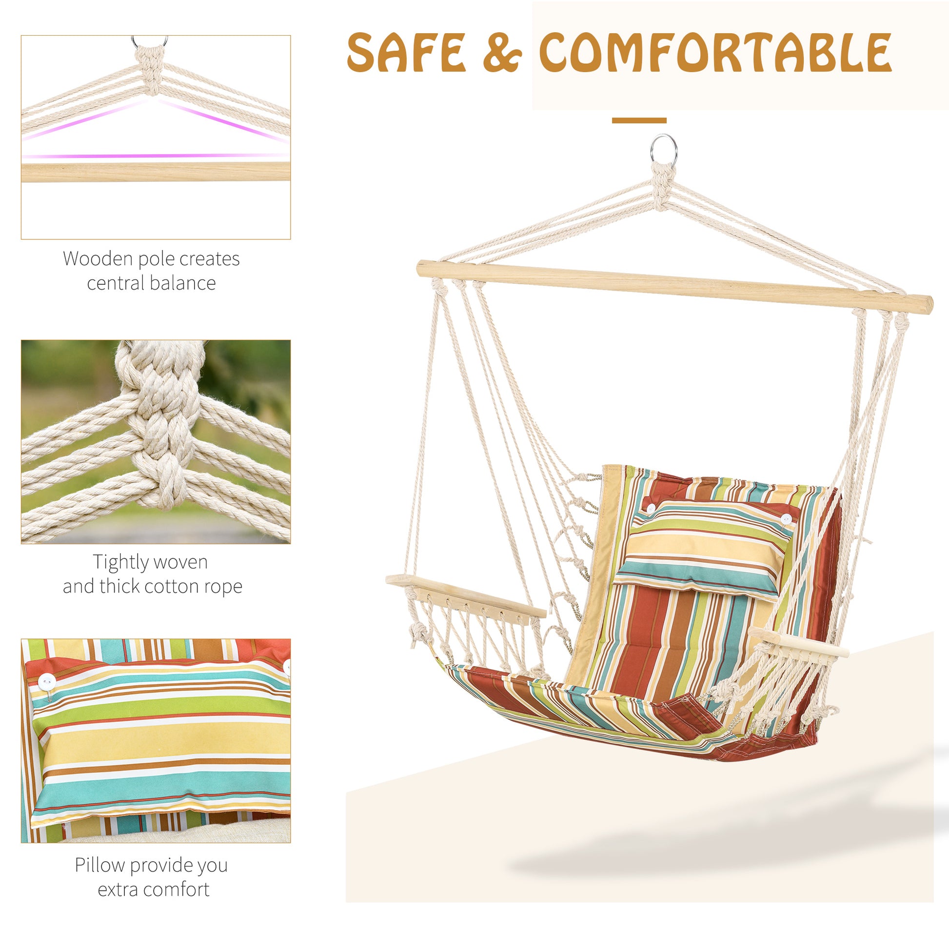 Outsunny Garden Outdoor Hanging Hammock Chair Thick Rope Frame Wooden Arms Safe Wide Seat Garden Outdoor Spot Stylish Multi-Color Stripe