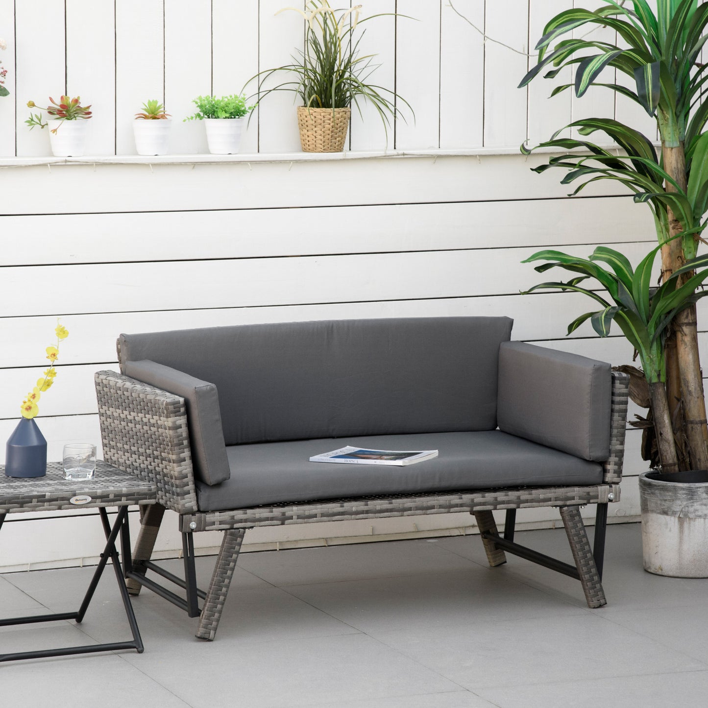Verona 2 Seater Rattan Sofa with Cushions, 2-in-1 PE Rattan Daybed Sofa with Left Up or Down Armrests