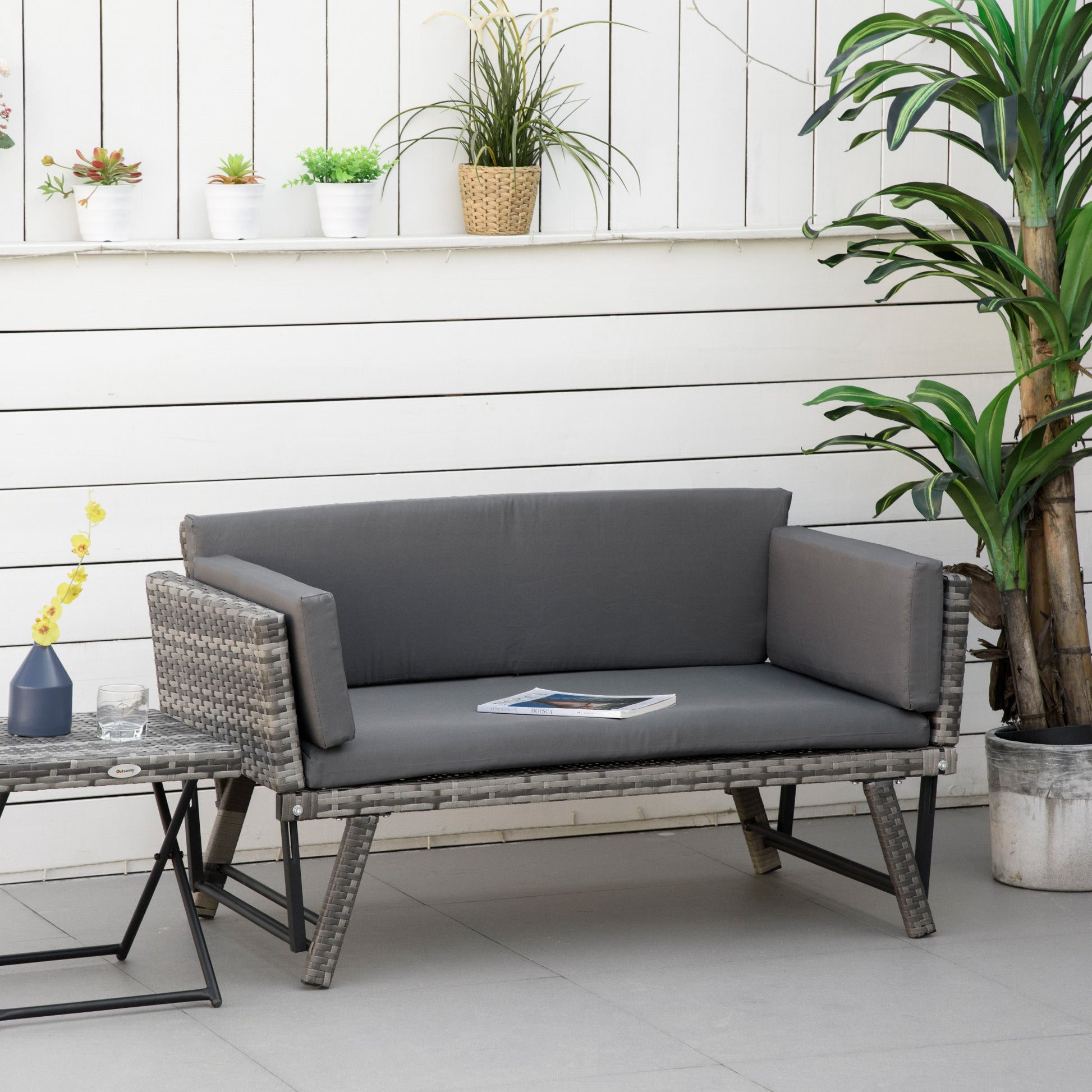 Verona 2 Seater Rattan Sofa with Cushions, 2-in-1 PE Rattan Daybed Sofa with Left Up or Down Armrests