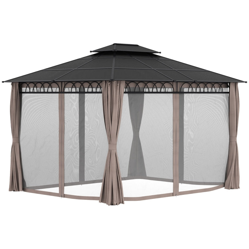 3.6m x 3m Hardtop Garden Gazebo with Twin-Tier Polycarbonate Roof, Privacy Curtains & Insect Mesh Panels