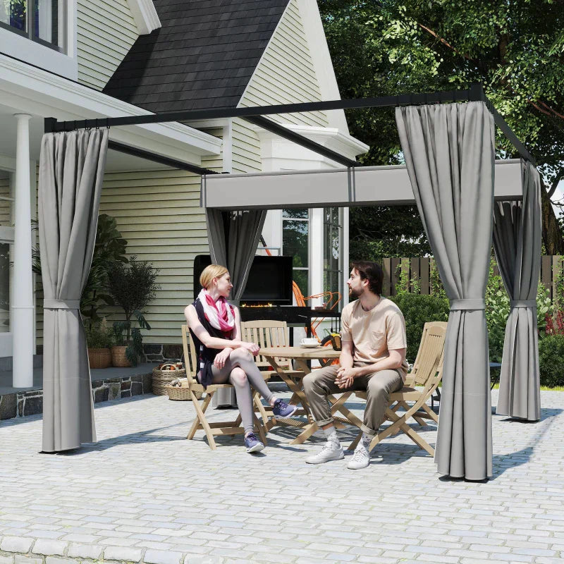Light Grey 3m x 3m Retractable Roof Pergola Canopy – Outdoor Patio Shelter with Curtains, Metal Frame & Secure Fixing Kit