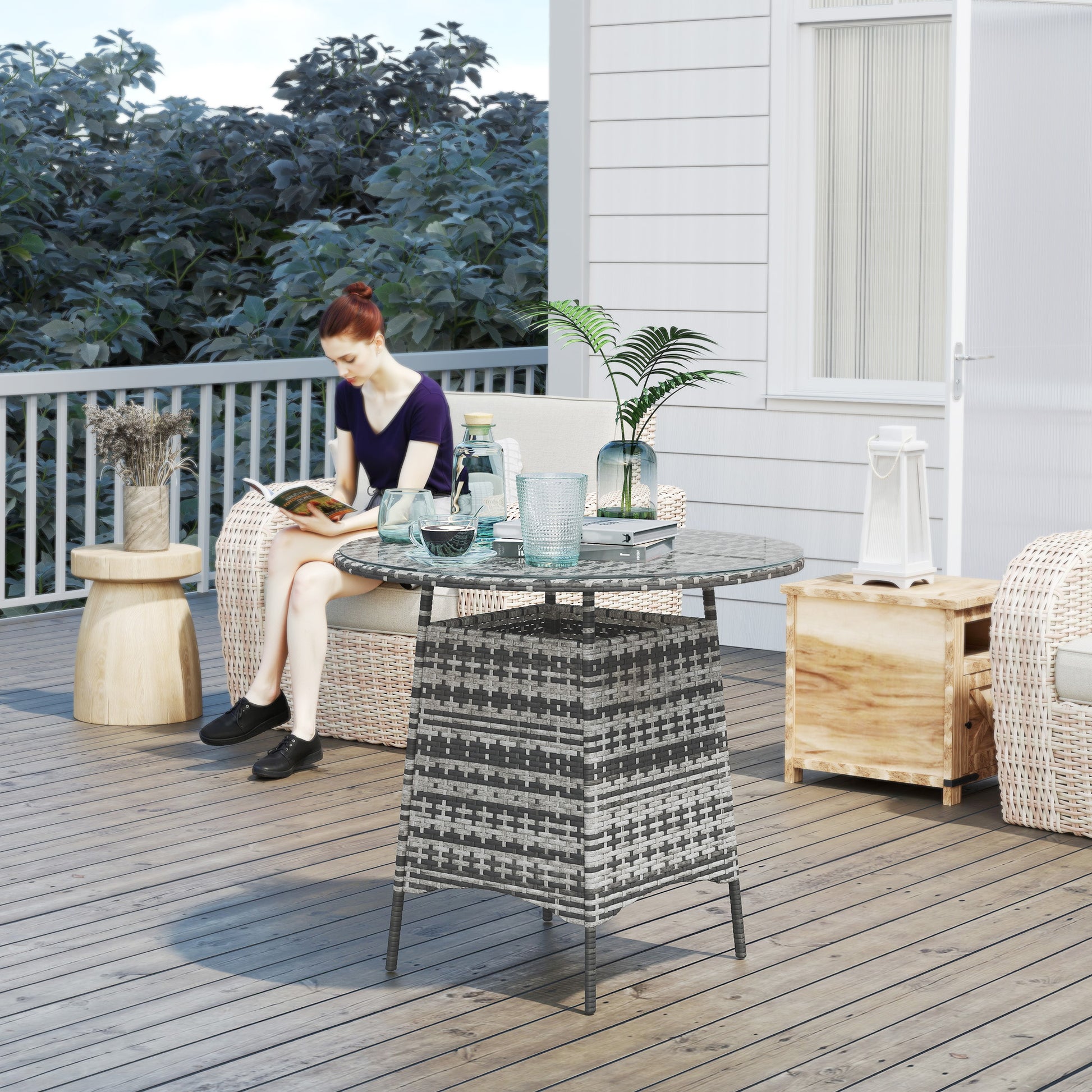 Ibiza Wicker Garden Rattan Table, Garden Furniture Outdoor Coffee Table with Umbrella Hole and Tempered Glass Top