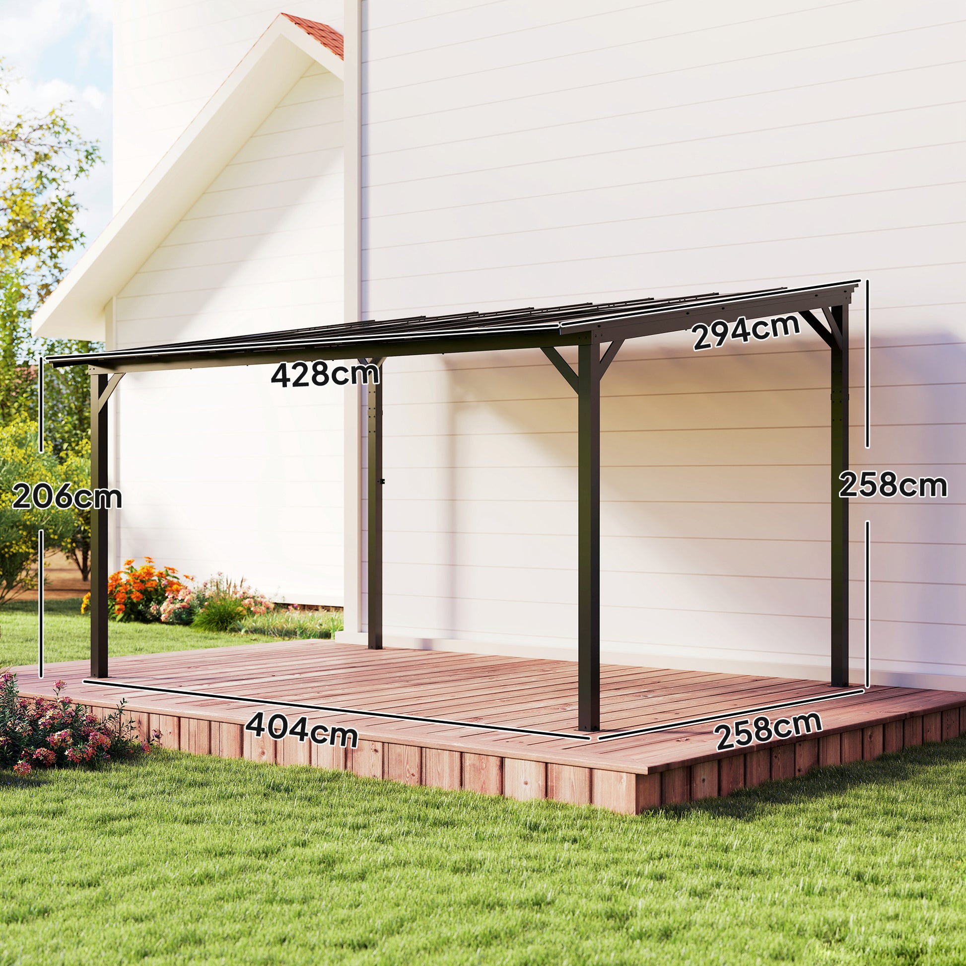 Outsunny 3 x 4.3 m Lean to Pergola with UPF 50+ Waterproof Polycarbonate Roof, Wall-Mounted or Free Standing Hardtop Roof Garden Metal Pergola Gazebo, Heavy Duty Outdoor Sun Shade, Dark Grey