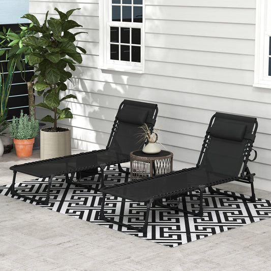 Portable Sun Lounger Set of 2, Folding Camping Bed Cot, Reclining Lounge Chair 5-position Adjustable Backrest with Side Pocket, Pillow for Patio