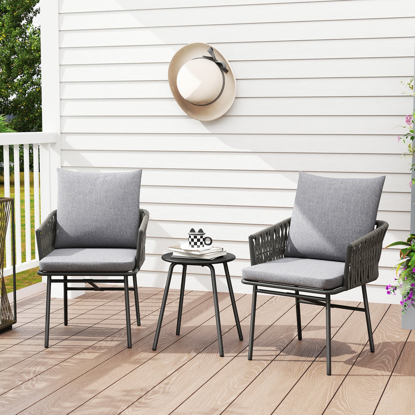 Monaco 3-Piece Rattan Bistro Set, Garden Table and Chairs with 4 Cushions