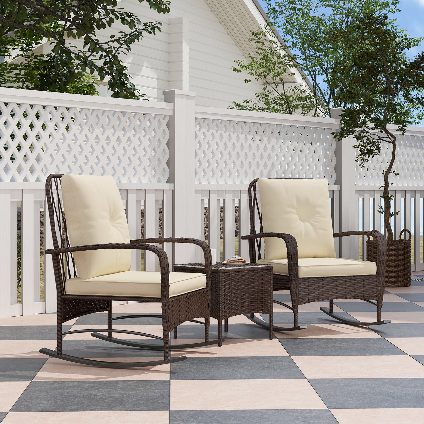 Capri Three-Piece Rocking Chair Rattan Bistro Set - Brown