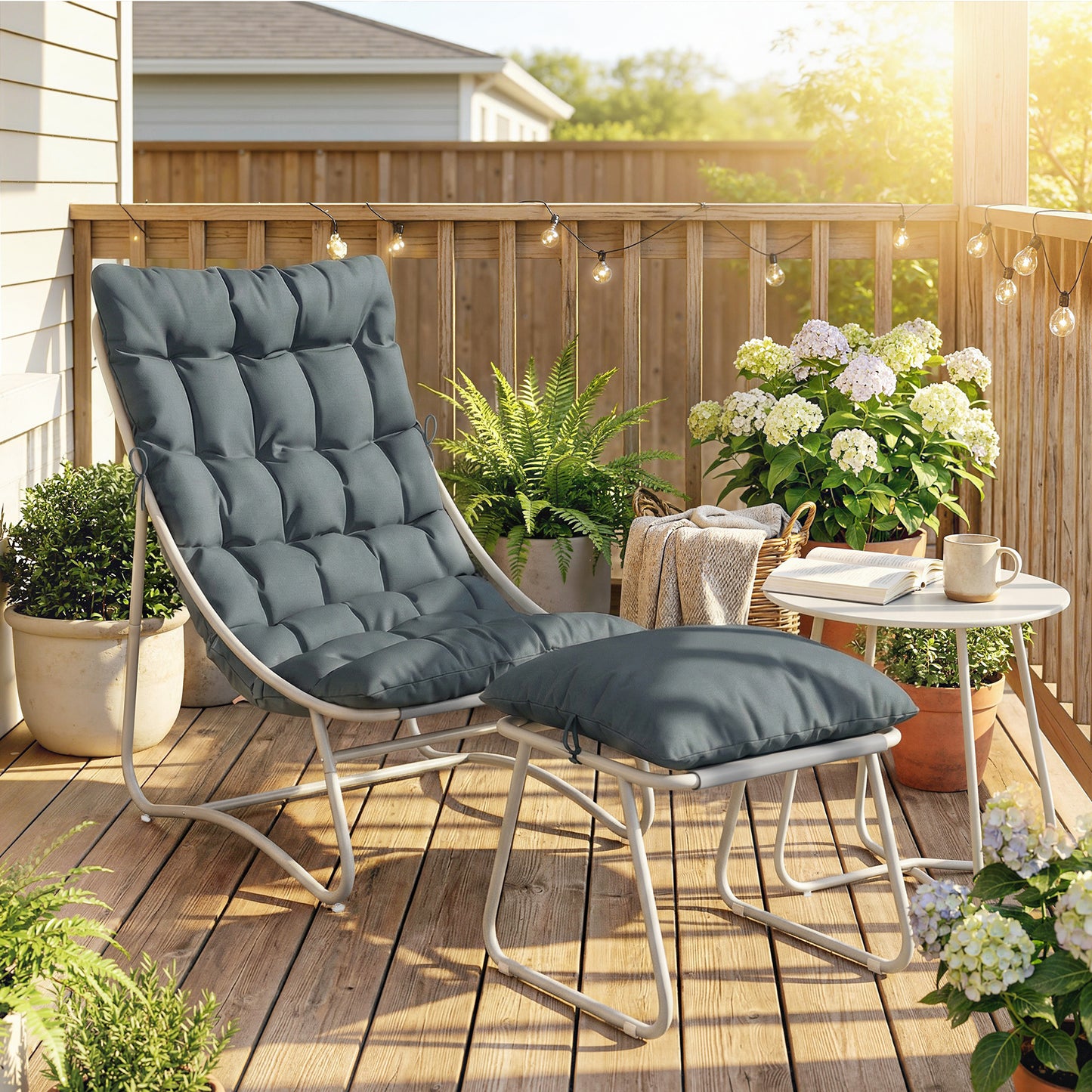 Portofino Bistro Set for Garden, 3 Piece Garden Table and Chair with Footstool and Removable Cushions