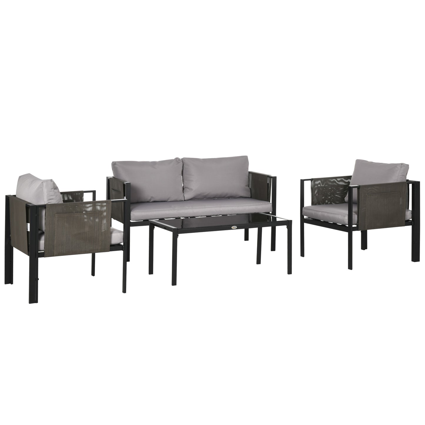 Outsunny 4 Piece Metal Garden Furniture Set with Tempered Glass Coffee Table, Texteline Pocket, Light Grey