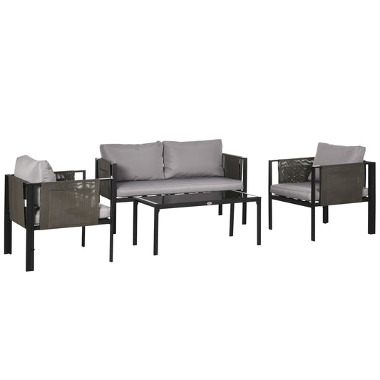 Outsunny 4 Piece Metal Garden Furniture Set with Tempered Glass Coffee Table, Texteline Pocket, Light Grey
