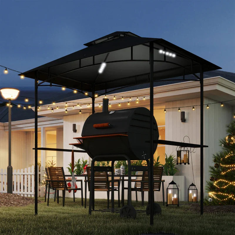 8ft x 5ft Dark Grey BBQ Gazebo Shelter with Double Vent Roof, LED Lighting, Side Shelves & Outdoor Grill Canopy