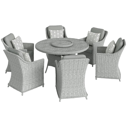 Outsunny Rattan Garden Dining Set with Turntable, Marble Effect Glass Round Garden Table and Chairs with Aluminium Frame, Grey