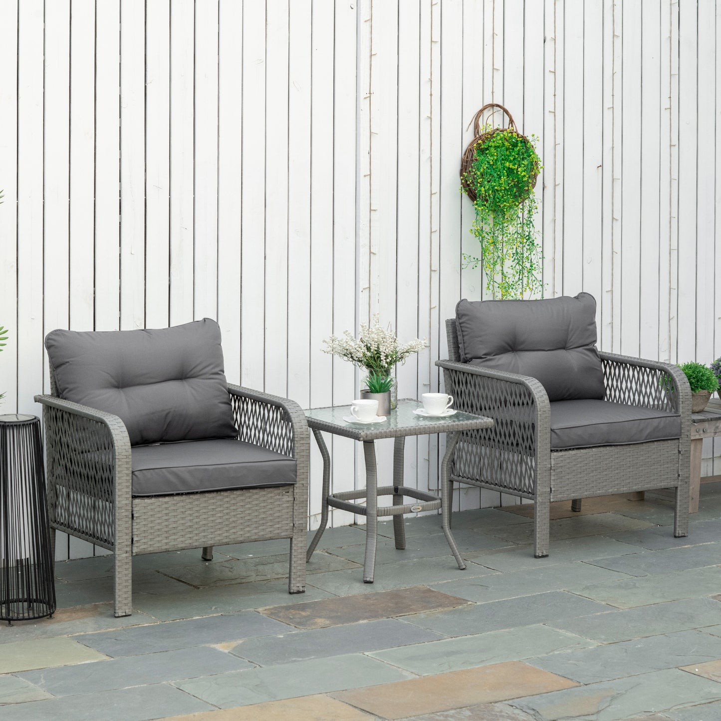 Capri 3 Piece Rattan Bistro Set with Glass Top Coffee Table, Chairs and Cushions, Patio, Balcony, Grey