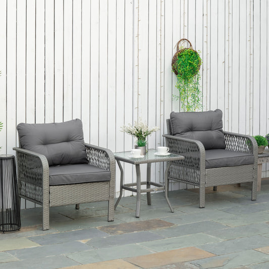 Capri 3 Piece Rattan Bistro Set with Glass Top Coffee Table, Chairs and Cushions, Patio, Balcony, Grey