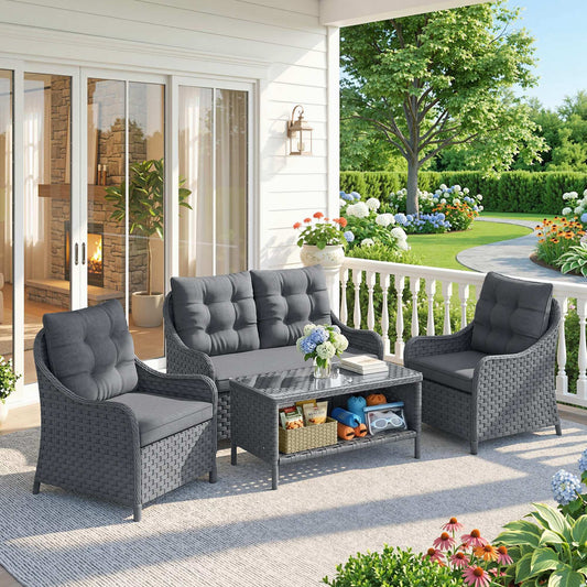 Riviera 4-Piece Wicker Garden Furniture Set with 2 Armchairs, Loveseat, Glass Coffee Table, Conversation Sofa Set