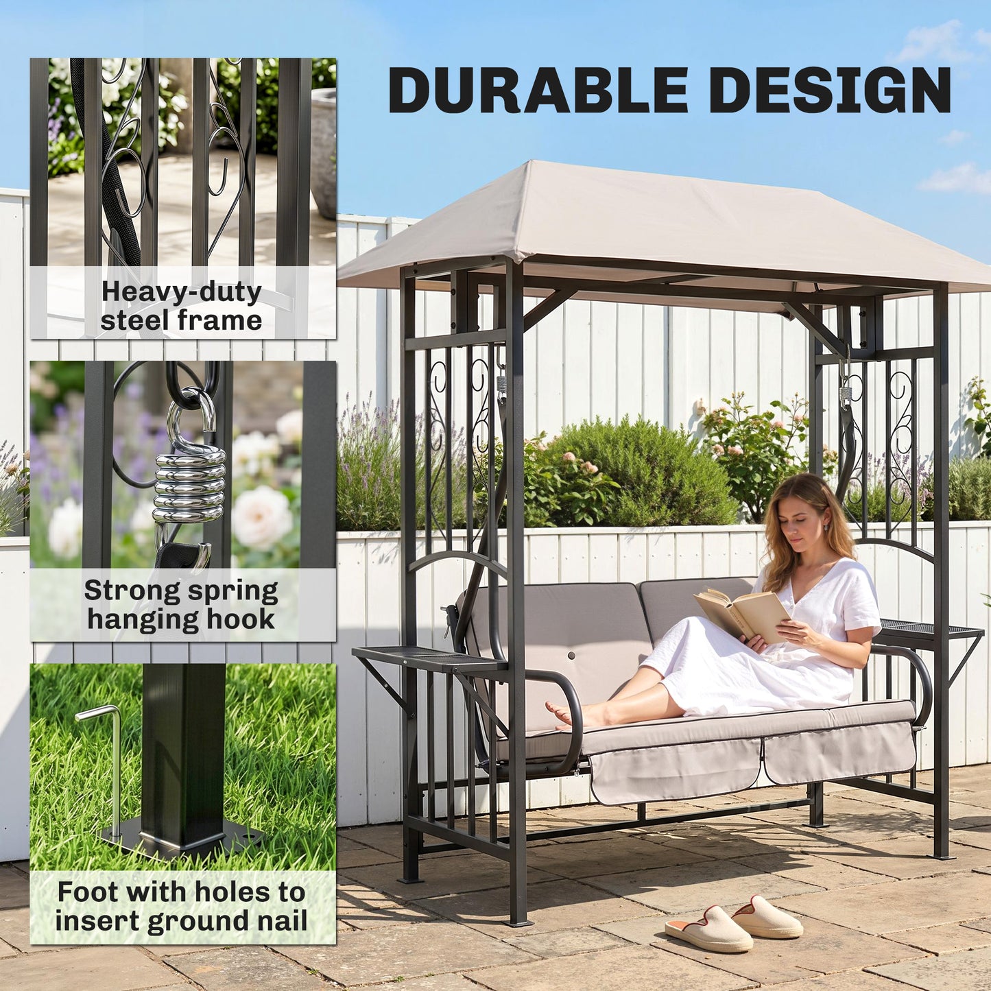 Outsunny Outdoor Garden 2 Seater Canopy Swing Chair Seat Porch Loveseat Vintage Hammock Cushioned Seat w/ Steel Frame and Side Drink Panel, Beige