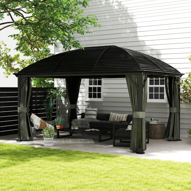 3m x 4m Dark Grey Hardtop Garden Gazebo Pavilion – Aluminium Frame with Steel Roof, Privacy Curtains & Insect Mesh Canopy Shelter