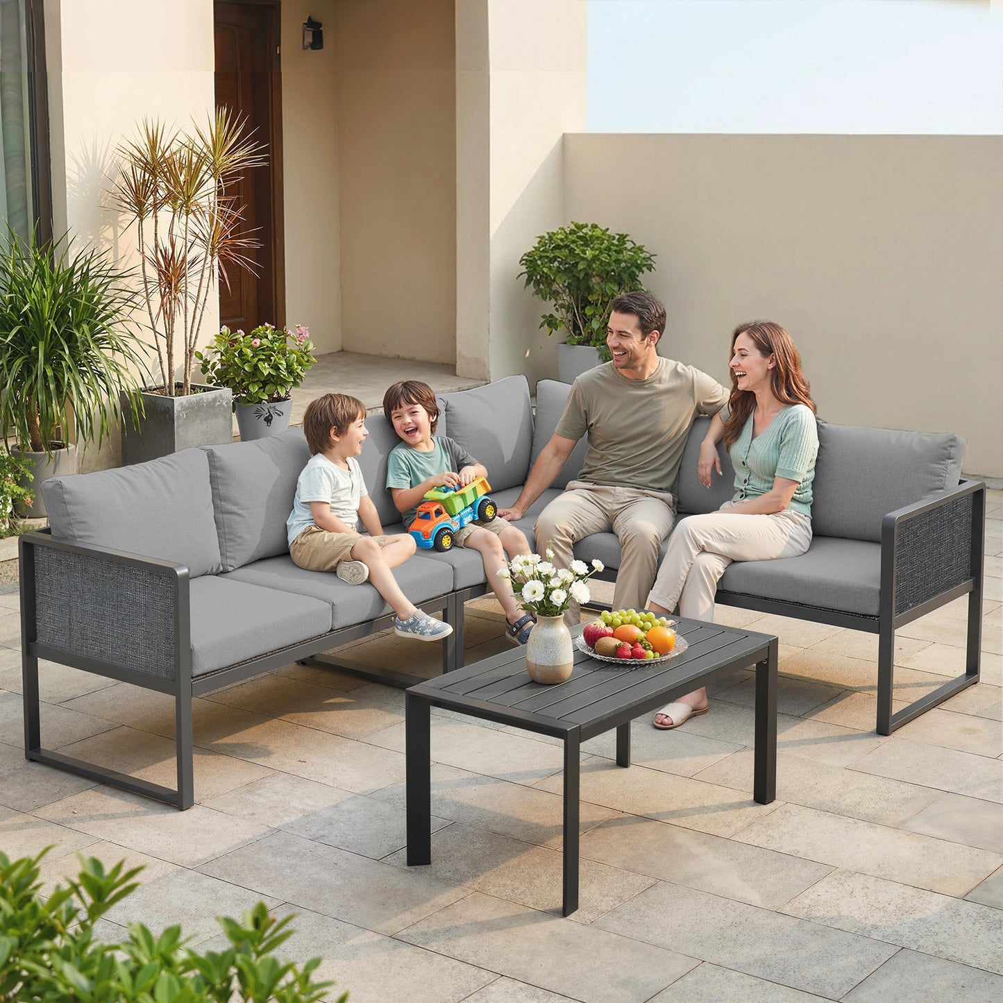 Riviera 6 Seater Metal Garden Furniture Corner Sofa Set with 3 Loveseats, Faux Wood Table, Texteline Seat