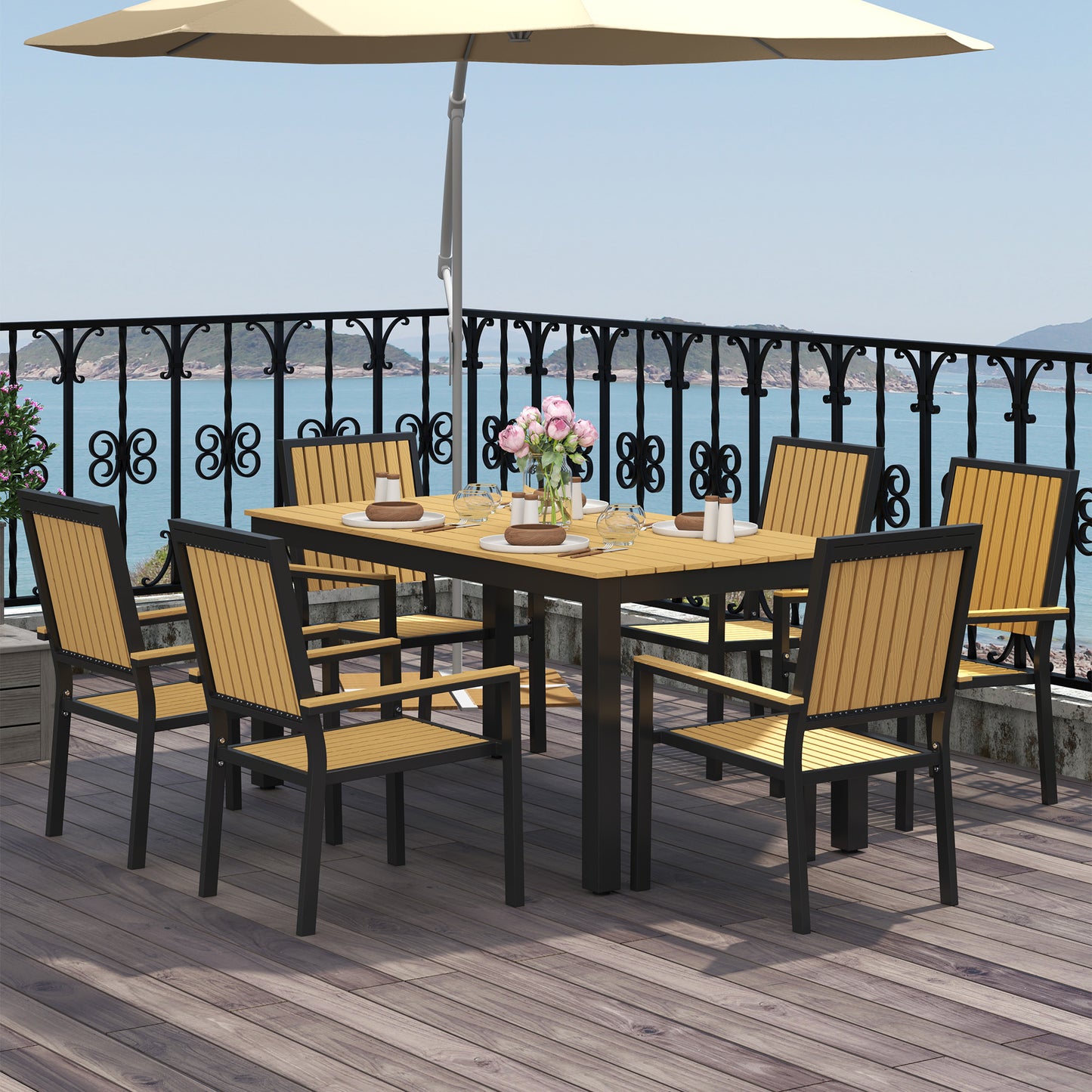 6 Seater Garden Dining Set with Stackable Chairs, Aluminium Frame, Rectangular Plastic Top, Garden Furniture Set, Garden Dining Table and Chairs