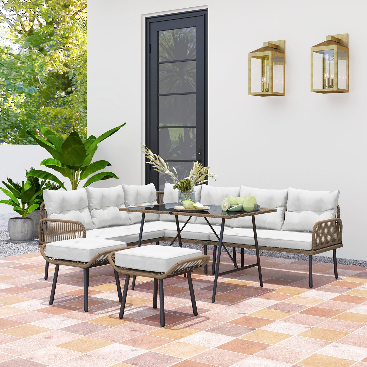 Sorrento 6 Piece Rattan Garden Furniture Set, 8 Seater Garden Corner Sofa with Cushions and Glass Top Table