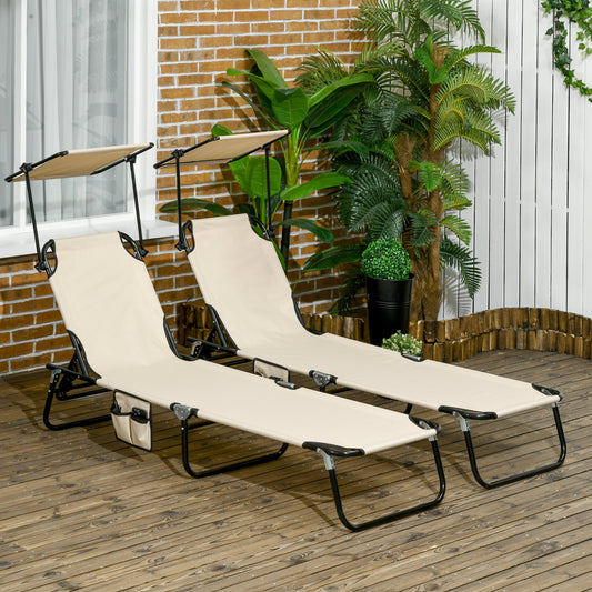 2 Piece Folding Sun Loungers with Canopy, Adjustable Recliner Garden Chairs with Side Pocket, Steel Frame and Breathable Mesh for Outdoor, Pool,