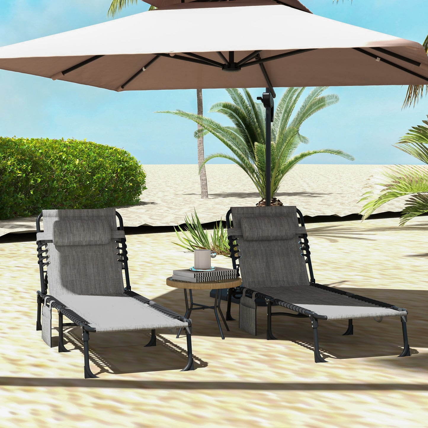 Portable Sun Lounger Set of 2, Folding Camping Bed Cot, Reclining Lounge Chair 5-position Adjustable Backrest with Side Pocket, Pillow for Patio