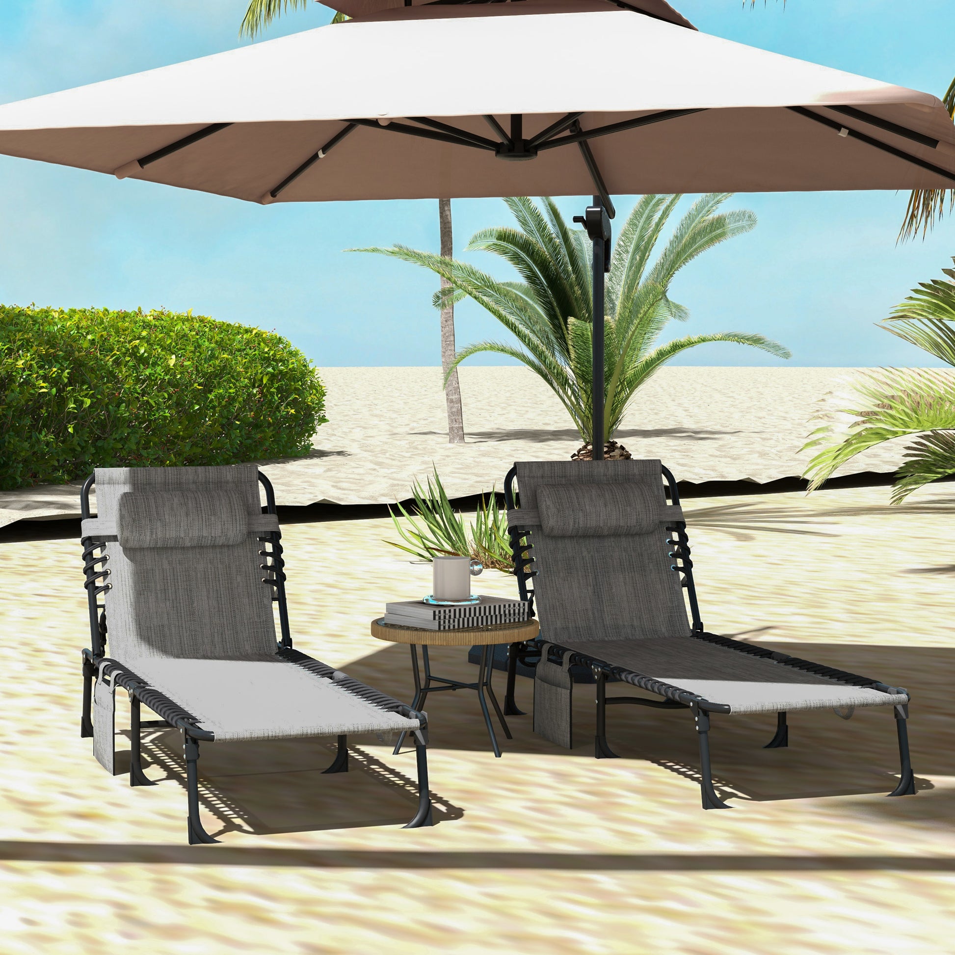 Portable Sun Lounger Set of 2, Folding Camping Bed Cot, Reclining Lounge Chair 5-position Adjustable Backrest with Side Pocket, Pillow for Patio