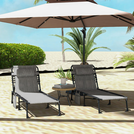 Portable Sun Lounger Set of 2, Folding Camping Bed Cot, Reclining Lounge Chair 5-position Adjustable Backrest with Side Pocket, Pillow for Patio