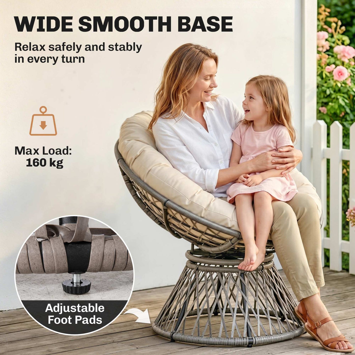 Outsunny 360° Swivel Rattan Moon Bowl Chair Round Lounge Garden Wicker Basket Seat with Padded Cushion Oversized for Outdoor Indoor, Beige