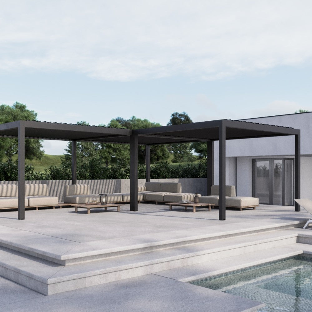 Suns Lifestyle Luxe Electric Louvered Roof LED Pergola Matt Gray with Sofa Set