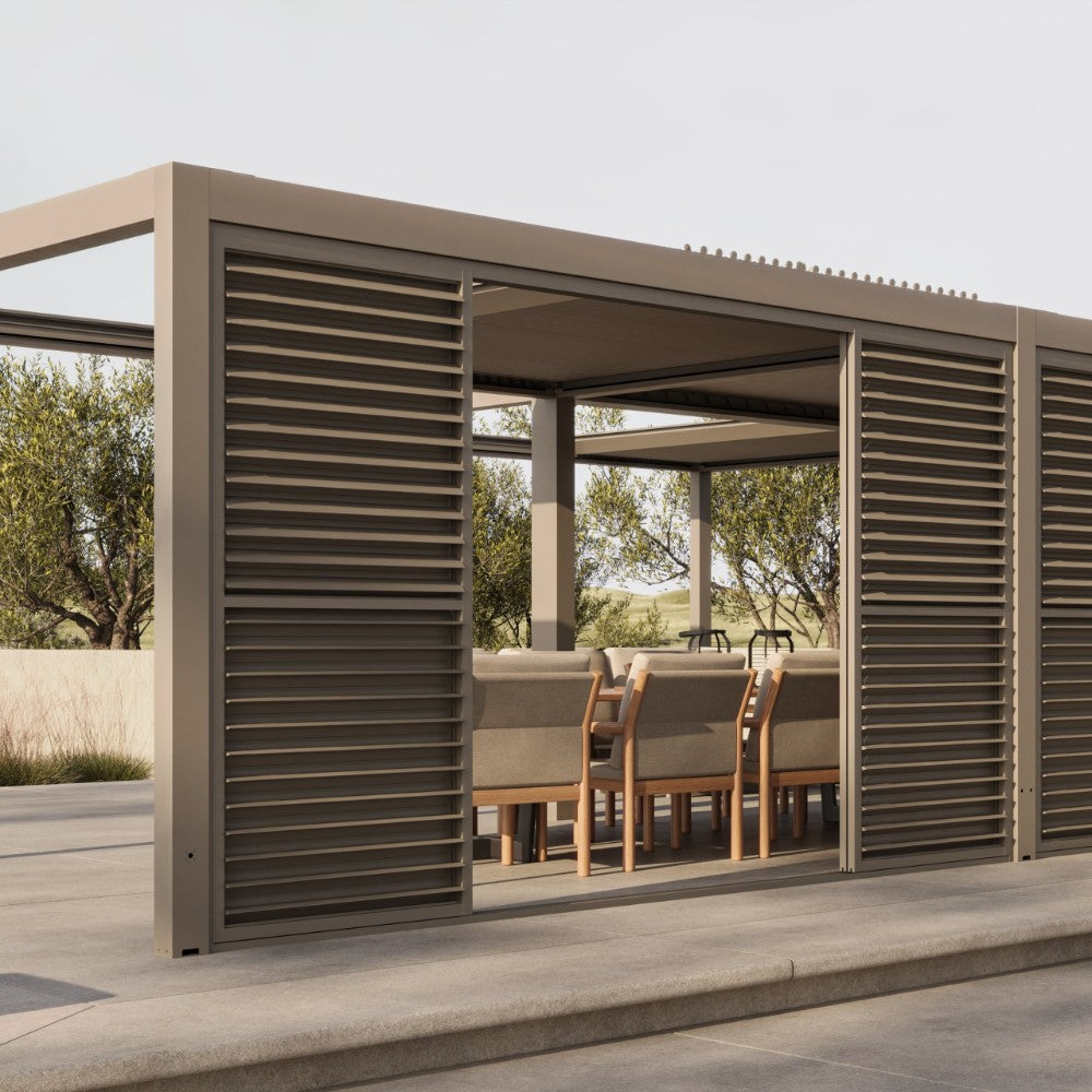 Suns Lifestyle Luxe Electric Louvered Roof LED Pergola Side Panel Closed Outdoor View