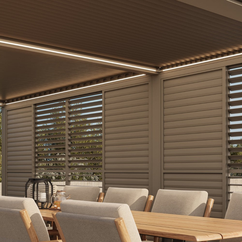 Suns Lifestyle Luxe Electric Louvered Roof LED Pergola Side Panels View with Led Light