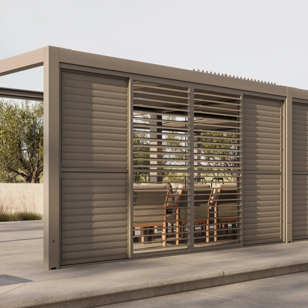Suns Lifestyle Luxe Retractable Roof Led Pergola Side Panels Open Outside View