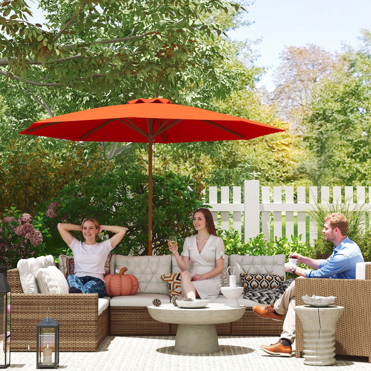 3m Wood Pole Parasol Umbrella - Orange