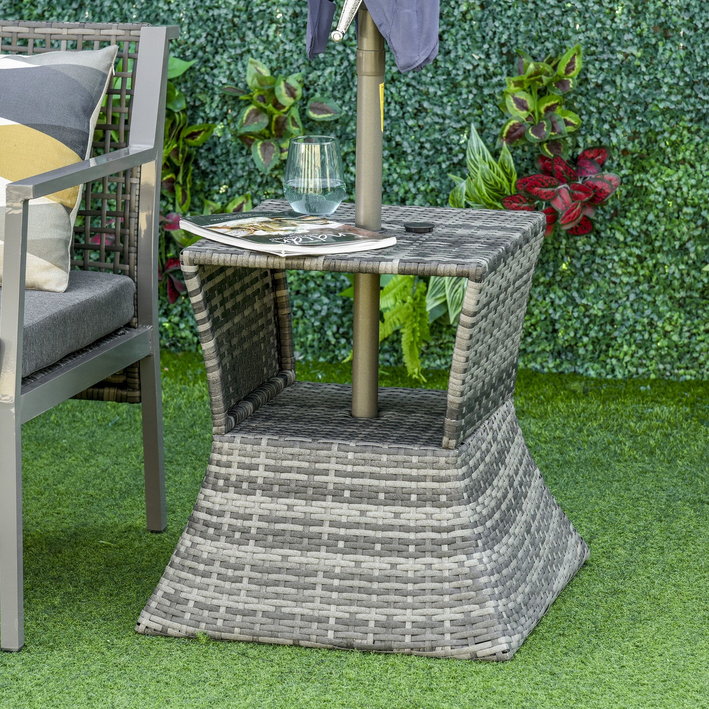 Monaco Garden Rattan Coffee Table Bistro Side Table w/ Umbrella Hole and Storage Space, Grey