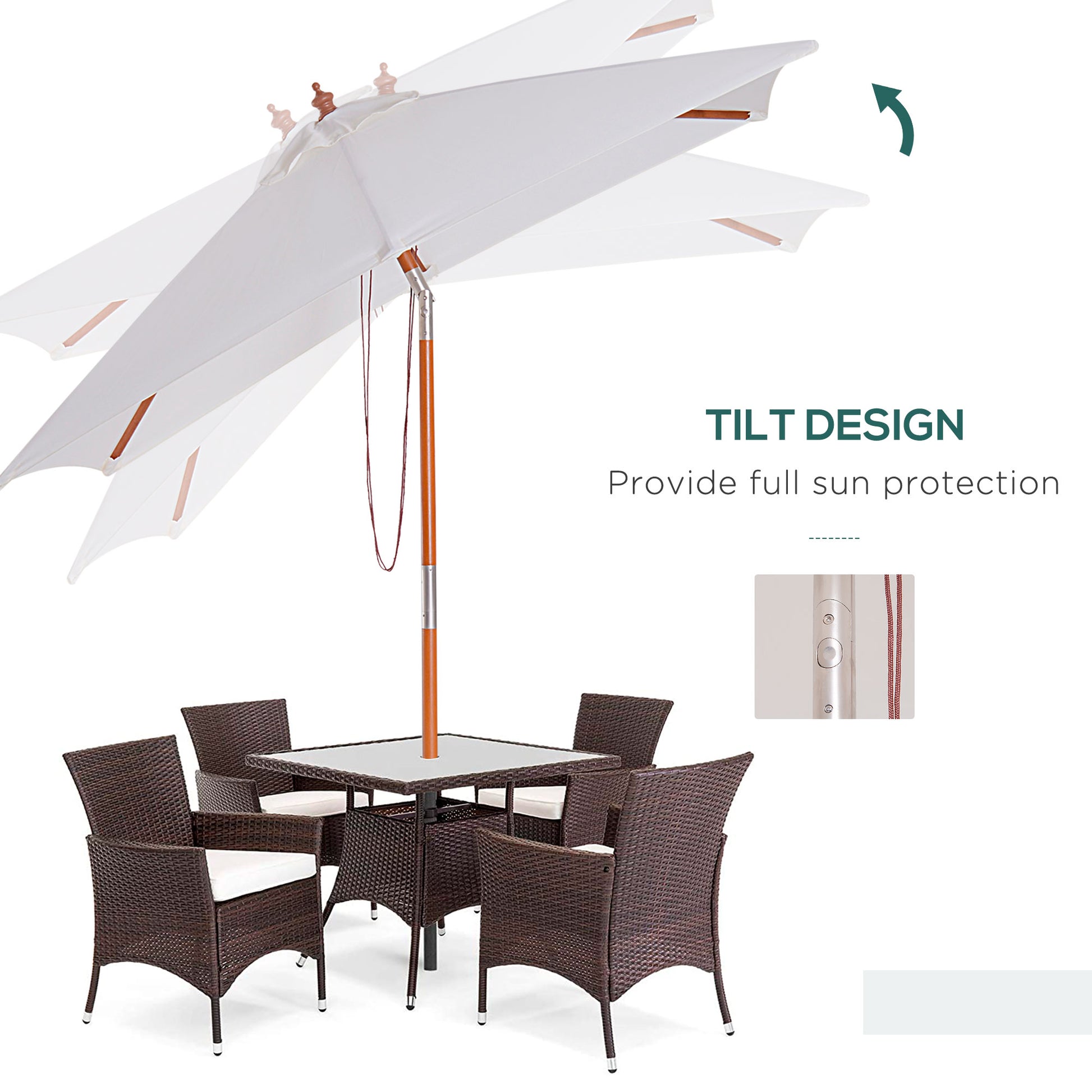 Outsunny 2m x 1.5m Garden Parasol Umbrella with Tilting Sunshade Canopy, Outdoor Market Table Umbrella with Wood and Bamboo Frame, Cream White