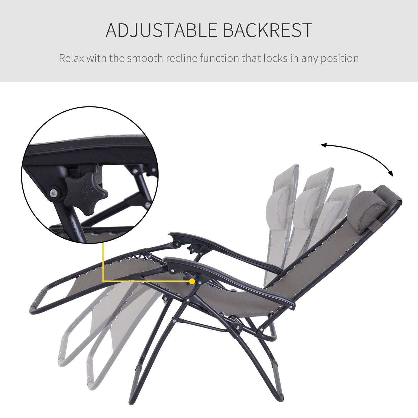 Outsunny Zero Gravity Chair Set of 2, Metal Frame Texteline Armchair Outdoor Folding and Reclining Sun Lounger with Head Pillow for Patio Decking Gardens Camping, Grey