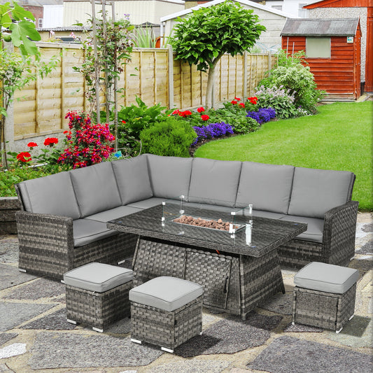 Riviera All-Season Fire Pit Garden Furniture Set Wicker Sofa Set With 50000 Btu Fire Table Gatherings - Grey