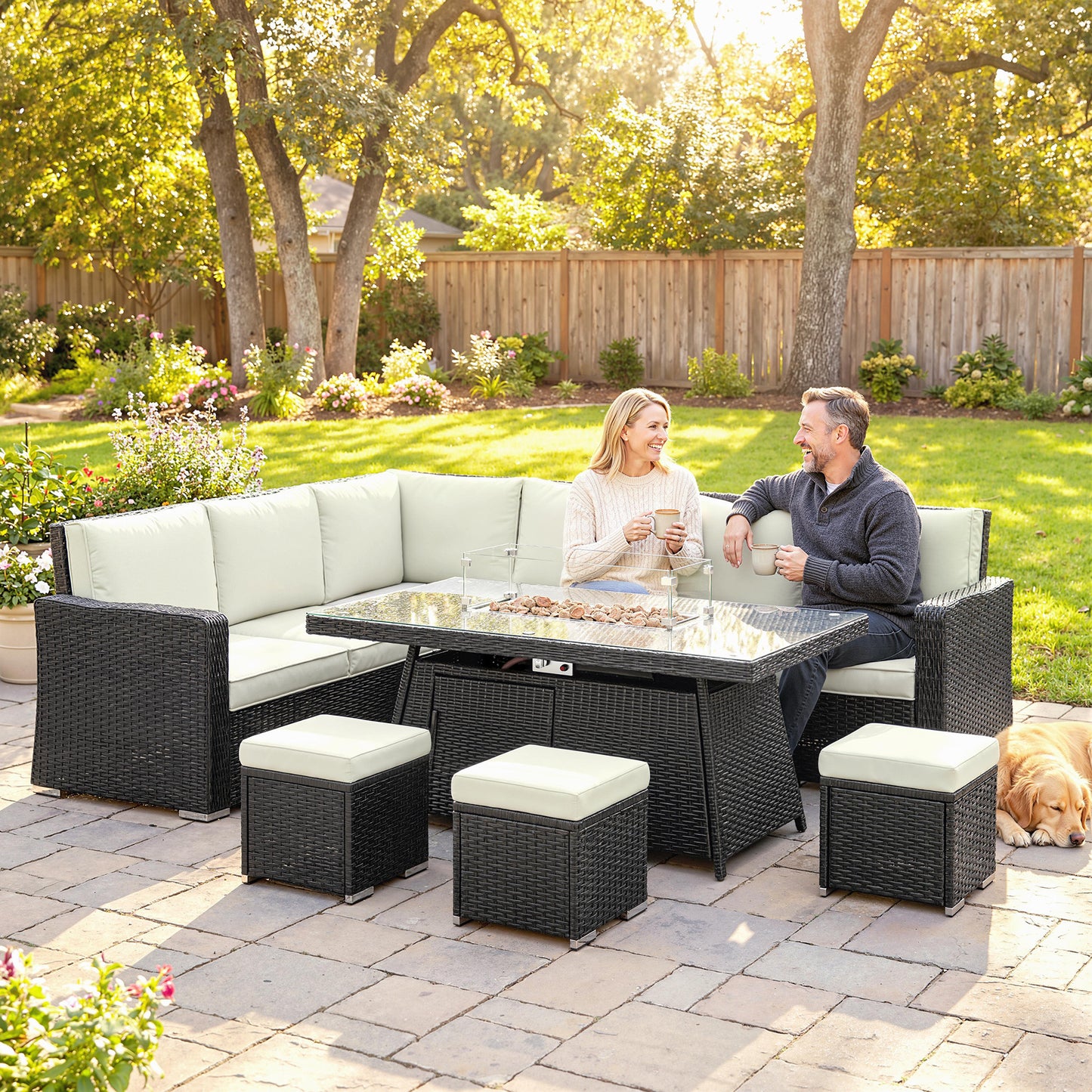 Outsunny 7 Pieces PE Rattan Garden Furniture Set, 50,000 BTU Gas Fire Pit Table, Black