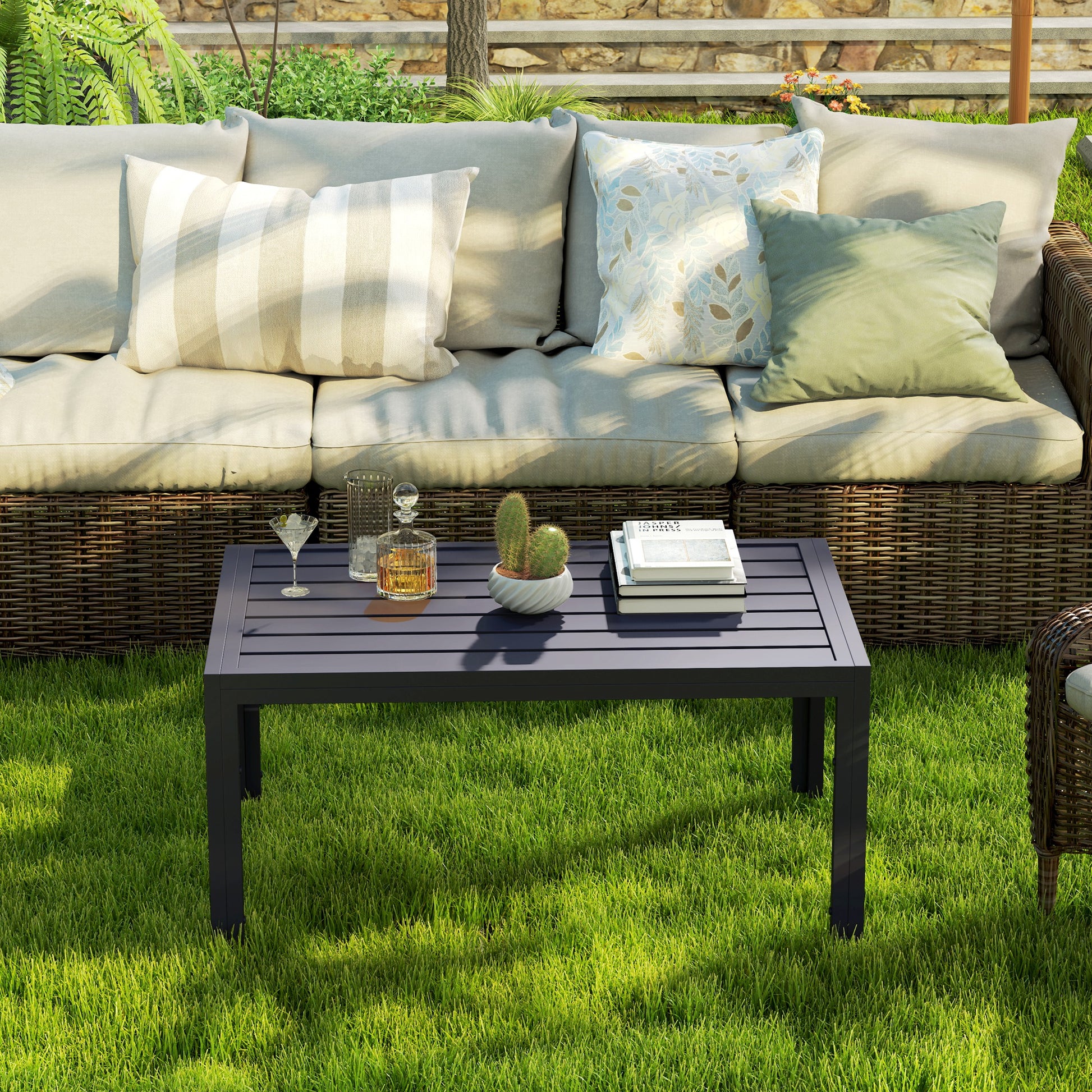 Outsunny Outdoor Side Table, Rectangular Patio Coffee Side Table with Steel Frame and Slat Tabletop for Garden, Balcony, Grey