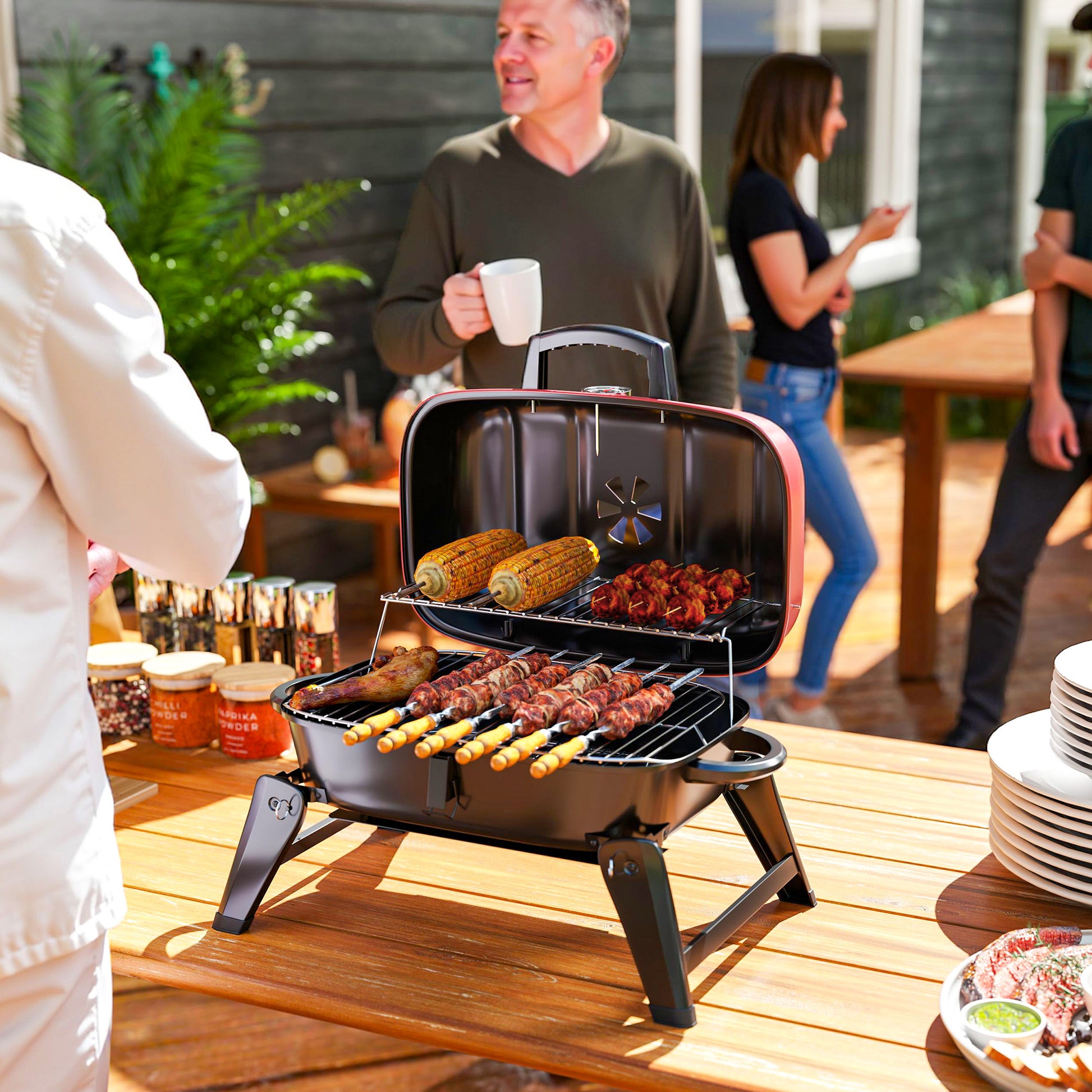 Charcoal Barbecue Grill Folding Portable BBQ for Camping with 1232 cm² Cooking Area, Adjustable Vent, Thermometer, Handles for Picnic, 59 x 37 x