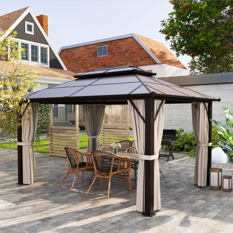 4m x 3m Beige Permanent Hardtop Gazebo – UPF30+ Polycarbonate Double Roof Pavilion with Aluminium Frame, Curtains & Mosquito Netting for Garden, Patio & Deck