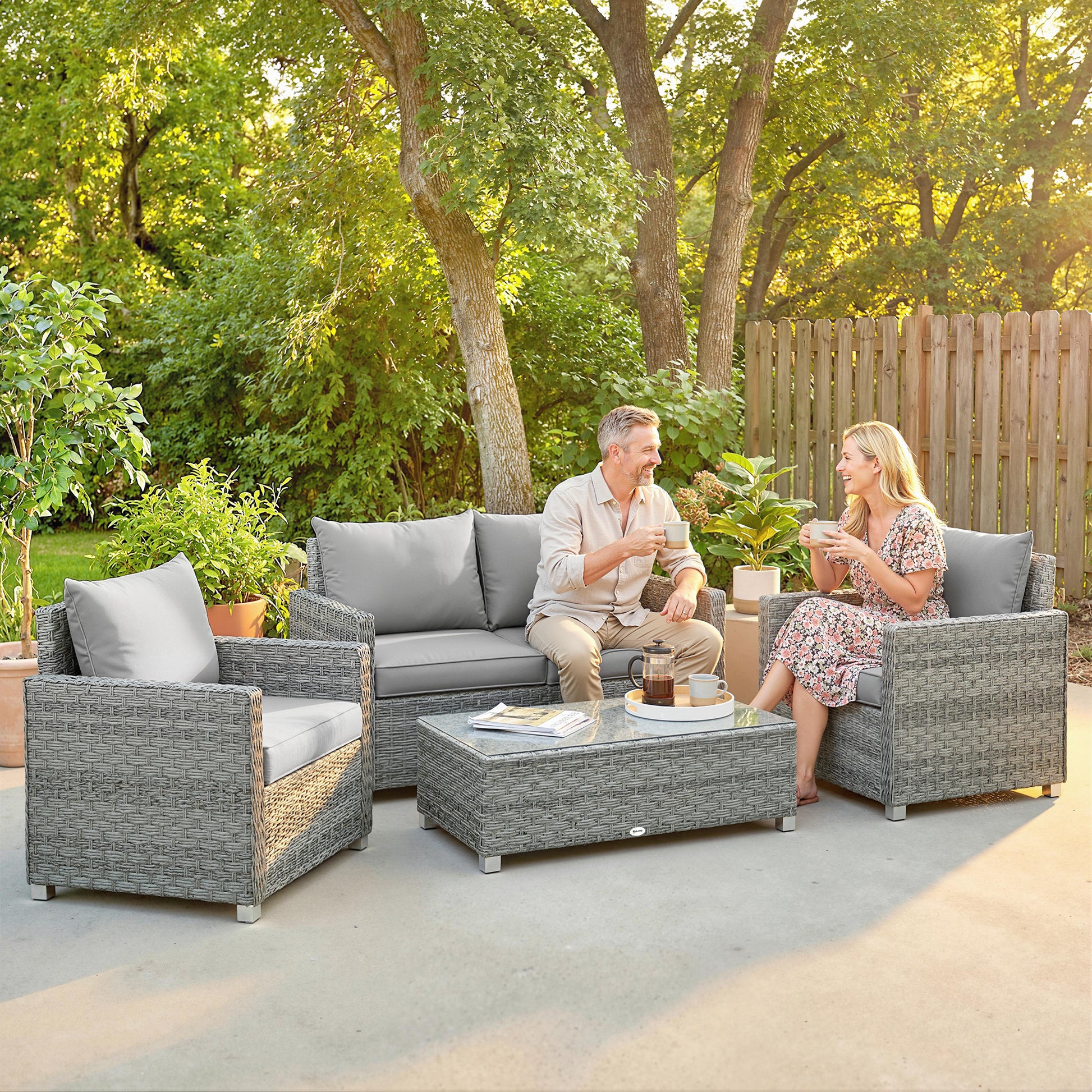 Marbella 4 Piece Rattan Garden Furniture Set with Loveseat, 2 Armchairs, Glass-Top Table