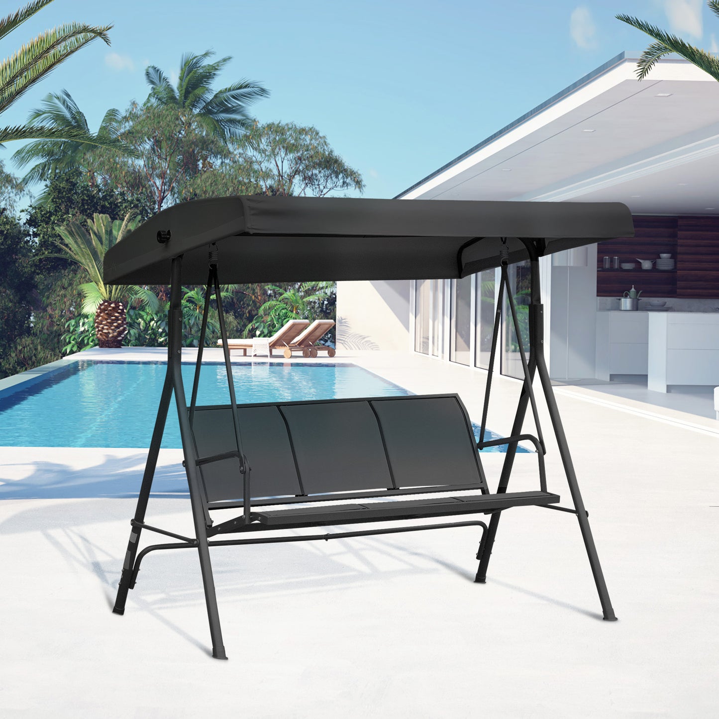 Marbella Three-Seater Garden Swing Chair, with Canopy - Black